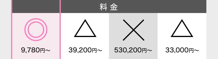 料金 ◎9,780円から △39,200円から ×530,200円から △33,000円から