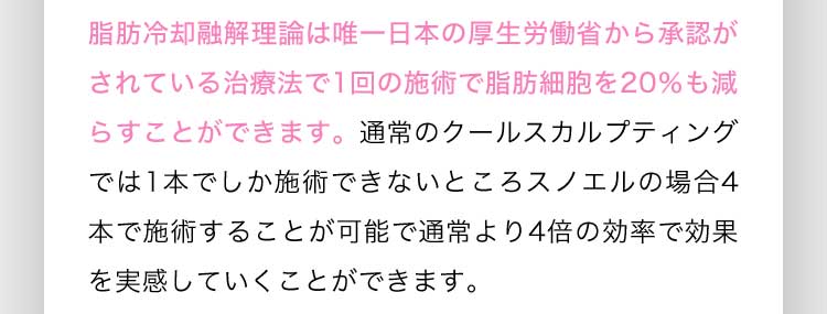 脂肪冷却融解理論は唯一日本の厚生労働省から承認がされている治療法で1回の施術で脂肪細胞を20％も減らすことができます。通常のクールスカルプティングでは1本でしか施術できないところスノエルの場合4本で施術することが可能で通常より4倍の効率で効果を実感していくことができます。