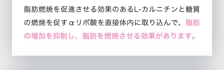 脂肪燃焼を促進させる効果のあるL-カルニチンと糖質の燃焼を促すaリポ酸を直接体内に取り込んで、脂肪の増加を抑制し、脂肪を燃焼させる効果があります。