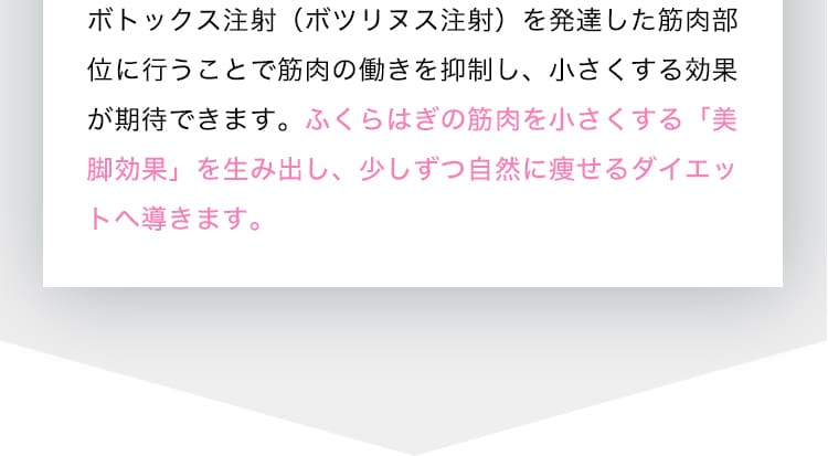 ボトックス注射を発達した筋肉部位に行うことで筋肉の働きを抑制し、小さくする効果が期待できます。ふくらはぎの筋肉を小さくする「美脚効果」を生み出し、少しずつ自然に痩せるダイエットへ導きます。