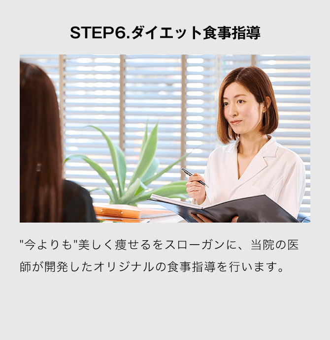 STEP6.ダイエット食事指導 今よりも美しく痩せるをスローガンに、当院の医師が開発したオリジナルの食事指導を行います。